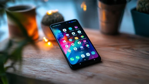 Smartphone displaying app interface on wooden surface with ambient lighting