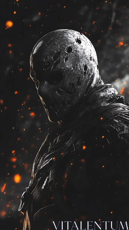 Armored masked figure in dark embers and heavy shadow.