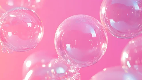 Floating Transparent Bubbles on Soft Pink Background, Digital Art.