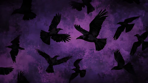 Black silhouetted crows flying against textured purple sky.