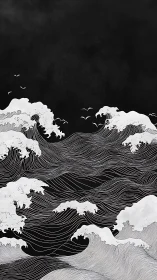 Monochrome stylized ocean waves crest against dark sky