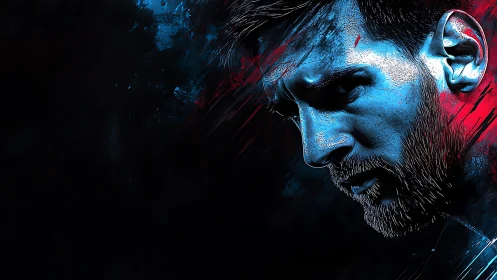 Digital blue and red profile portrait of bearded male face.