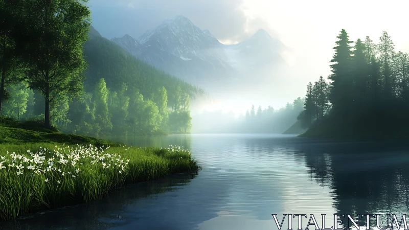 Misty alpine lake with sunlit pines and reflective waters.