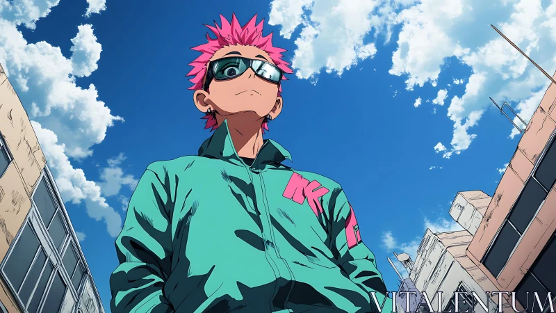 Pink haired anime figure in urban low angle street view.