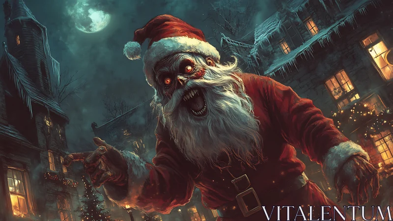 Demonic Santa lunges through eerie snowbound village night.