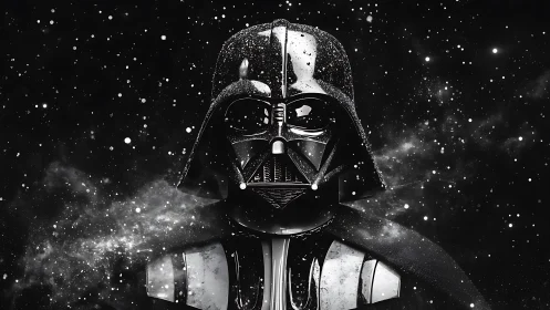 Dark armored figure looms in a star-swept galactic void