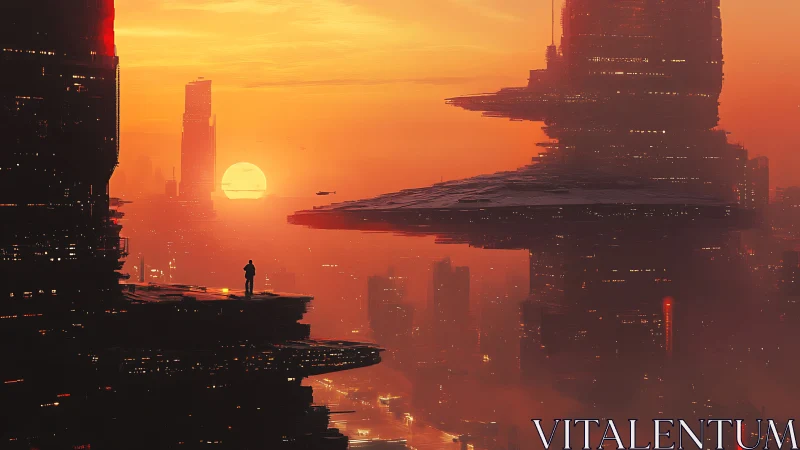 Lone watcher greets a blazing neon sunset over stacked towers.