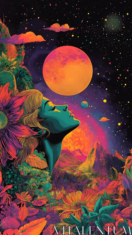 Surreal female profile amid neon landscape and planets.