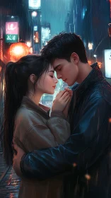 Cyberpunk Rainy Urban Romance: Neon-Lit Couple in Wet Metropolitan Setting