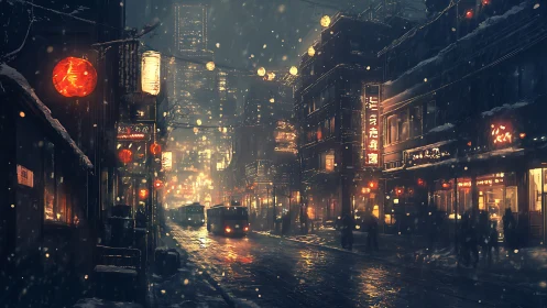 Snowy city street shows neon lights, buses and pedestrians