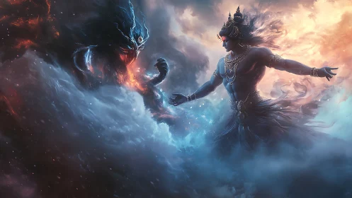 Mythic humanoid and shadow creature in clouded conflict.