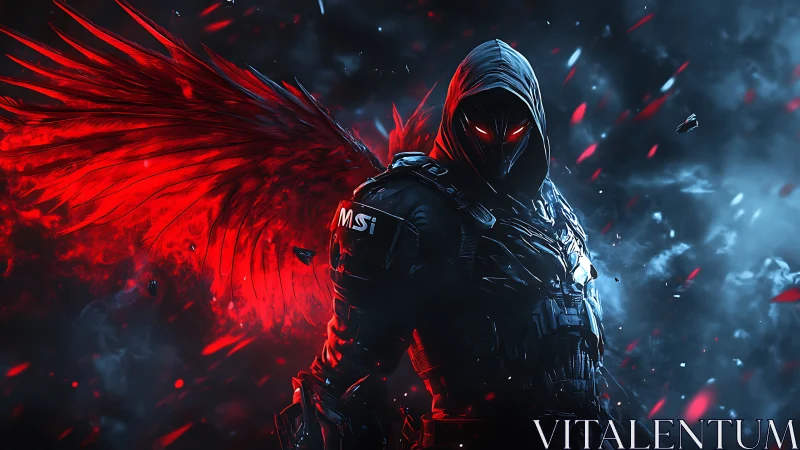 Shadow angel with crimson wings in a storm of sparks.