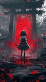 Cinematic anime illustration of girl at crimson torii gate.