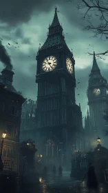 Gothic clock tower in foggy nocturnal city street scene.