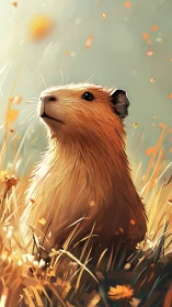 Sunlit capybara poised in glowing meadow grasses.
