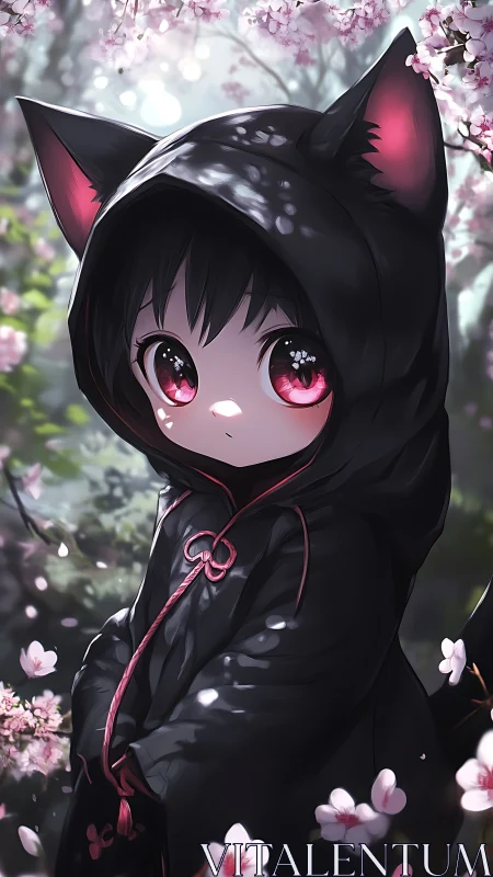Cat-eared anime child in black cloak under cherry blossoms.