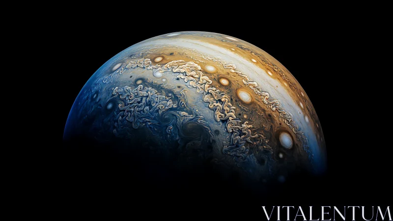 Jupiter&rsquo;s swirling storms painted as a cosmic marble dream.