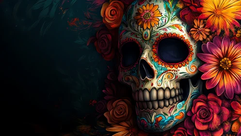 Floral decorated skull illustration with dark negative space.