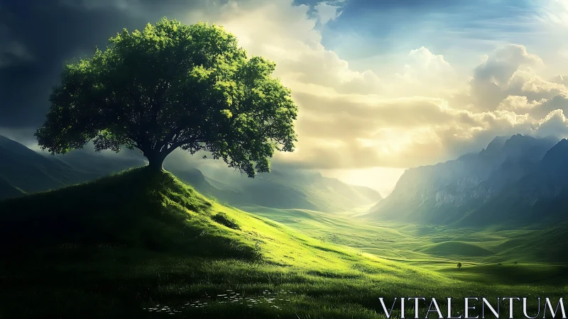 Solitary tree on sunlit valley hill under shifting sky.