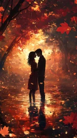 Autumn Romance: Silhouetted Couple Under Glowing Canopy.