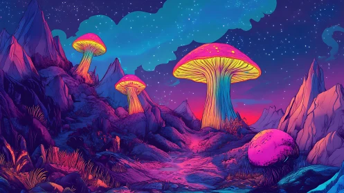 Glowing cosmic mushrooms brightening a dreamy night path.