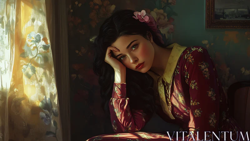 Young woman by floral window in patterned dress indoors.