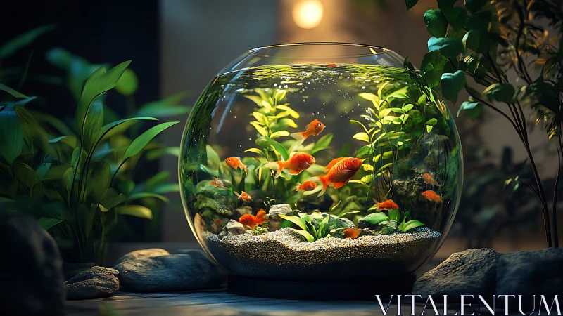 Glowing goldfish bowl oasis in a quiet indoor garden.