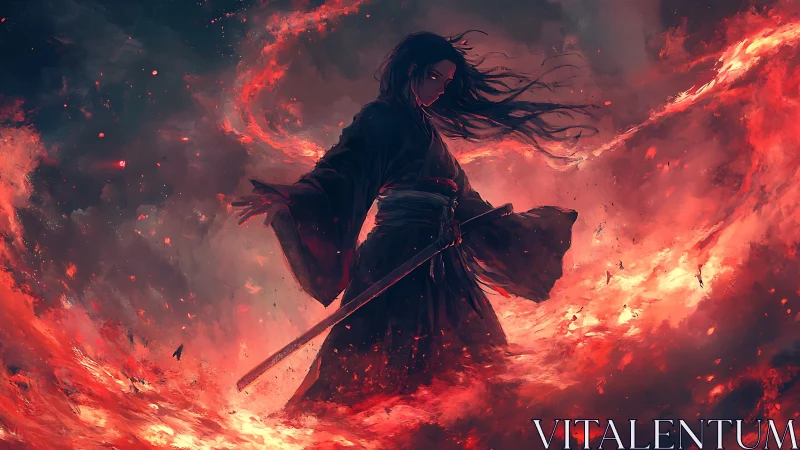 Samurai swordswoman commands roaring inferno battlefield.