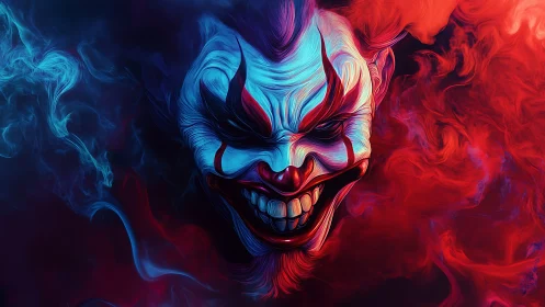 Carnival smoke coils as a neon demon clown grins wider