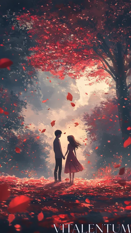 Two Figures Standing Under Red Foliage Canopy