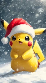 Pikachu in red Santa hat standing in falling winter snow.