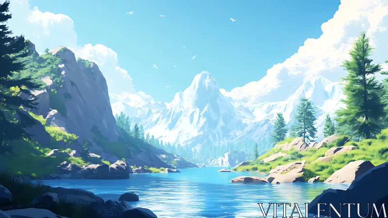 Sunlit alpine lake beneath towering snow peaks.