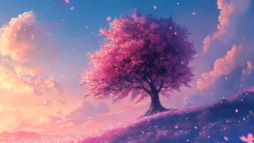 Solitary pink-blossomed tree on slope under colored sky.