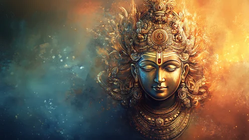 Divine golden deity face glows in ethereal cosmic light