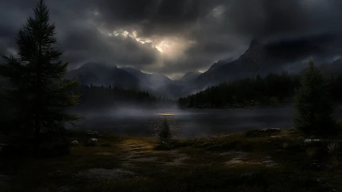 Stormy mountain lake landscape shows low light and mist