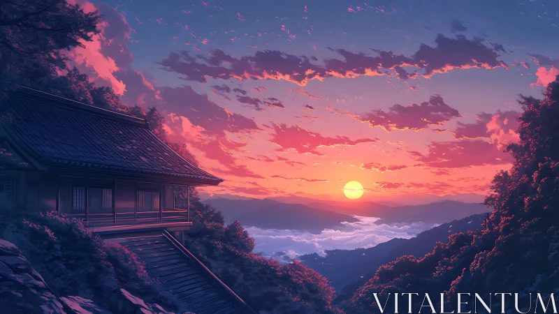 Digital painting of mountain sunset over secluded hillside house.