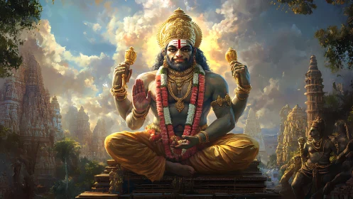 Seated four-armed deity before detailed temple complex.