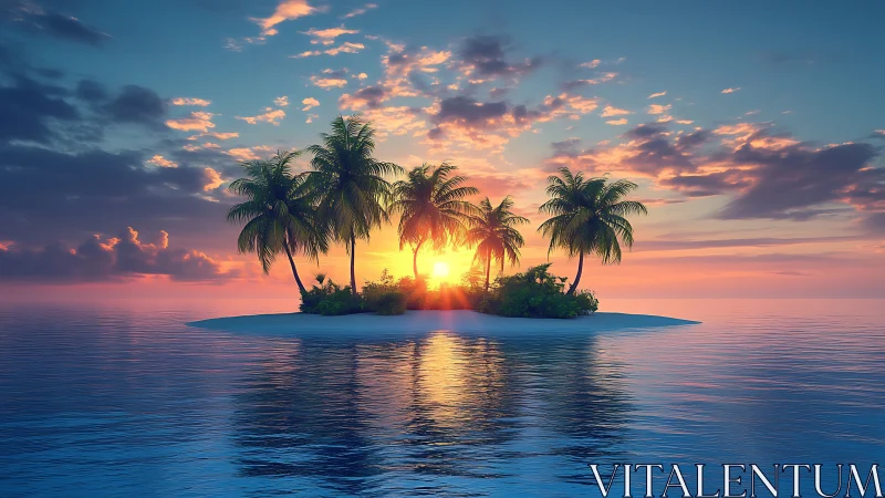 Tropical Island Paradise with Sunset Silhouette.