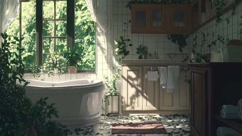 Sunlit tiled bathroom integrates indoor foliage and soft shadows