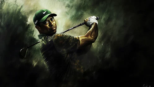 Digital painting of golfer mid-swing with dynamic chiaroscuro.
