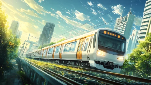 Electric commuter train moves through dense urban corridor