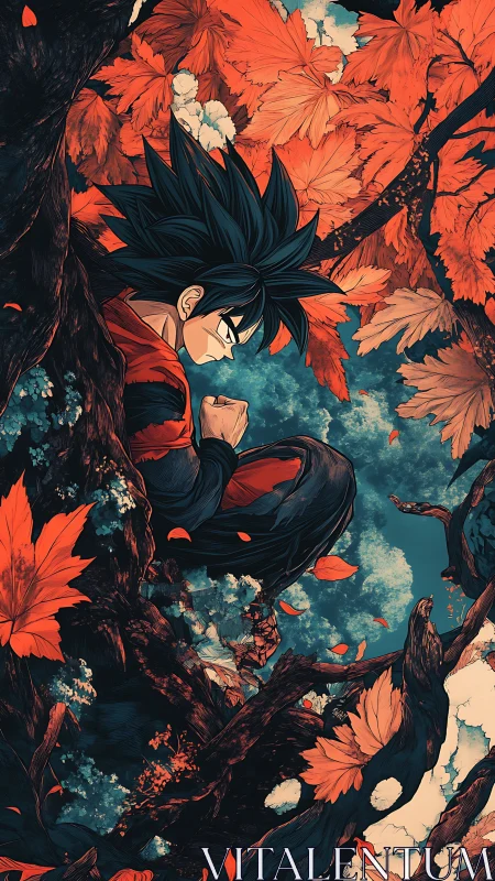 Anime fighter meditates within dense autumn tree canopy