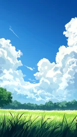 Bright summer field stretches under towering cumulus clouds