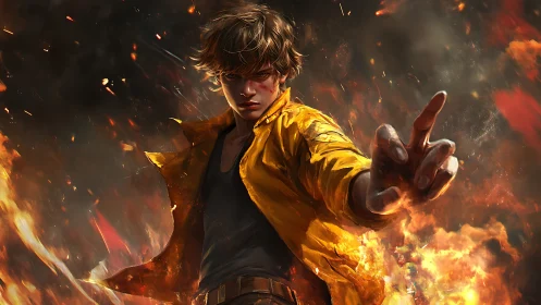Young man in yellow coat controlling intense surrounding fire.