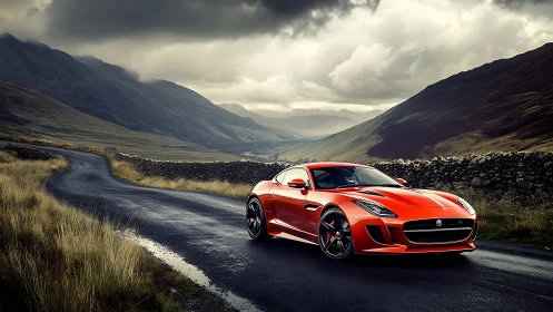 Sleek orange sports car cruising a dramatic valley road.