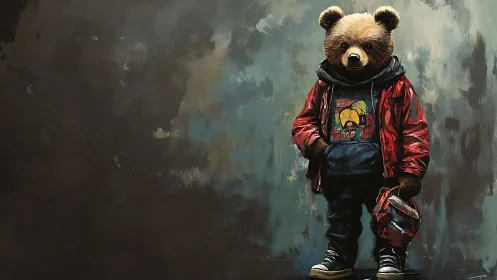 Urban streetwear bear in red jacket against abstract ground.