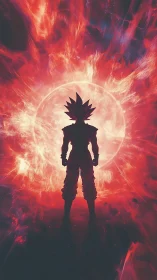 Silhouetted warrior before explosive red cosmic energy field.