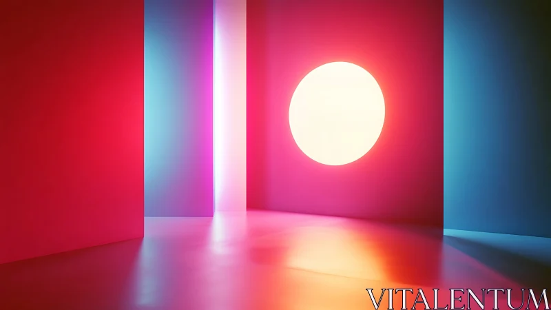 Geometric room with circular light and colored panels.