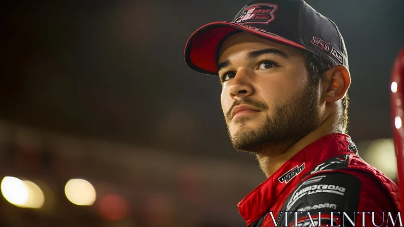 Racing driver in red suit gazes upward under stadium lights