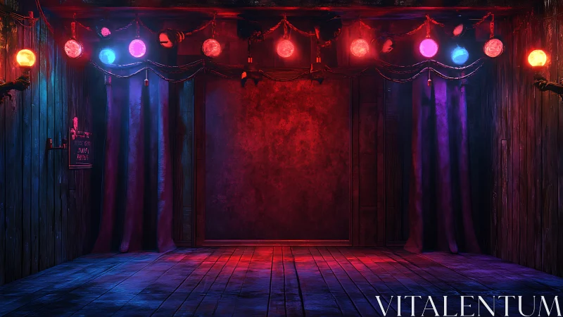 Empty wooden stage under colored theater spotlights at night.